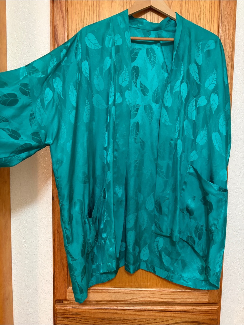 Teal 100% Silk Jacquard Leaf-Print Satin Kimono Jacket Vintage Robe Lounge